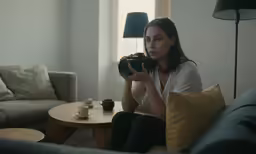 a woman sits on the couch holding a camera