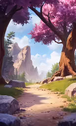 a painting of a dirt path leading to pink trees and a mountain