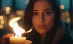 a girl holding a candle and looking at the camera