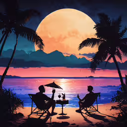 two people are sitting on lawn chairs and drinking at night on the beach,two people sitting in chairs on the beach under a full moon