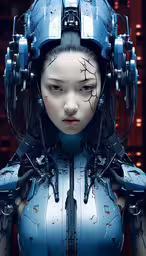 a young woman with a helmet on her head,a robot woman is looking back at the camera