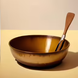 a brown bowl with two wooden spoons inside