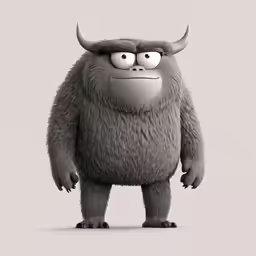 the animation of a large gray furry creature with big eyes