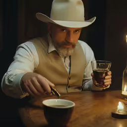 a man in a cowboy hat is sitting at a table with a drink