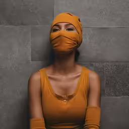 a woman wearing a brown covering her eyes and nose