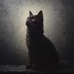 black cat with blue eyes sitting on top of table