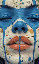 the face and makeup is painted in bright blue and orange