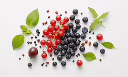 the berries and leaves are arranged on a white surface