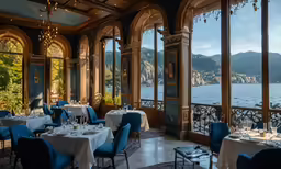 a room with blue chairs and tables next to the ocean