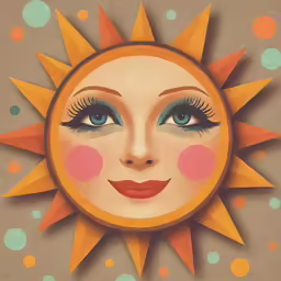 the sun with an illustrated face is featured against a tan background