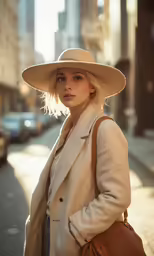 woman in hat and beige coat walking down street
