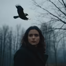 a woman in a black coat stands in a forest with a bird flying overhead