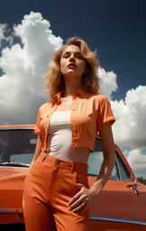 an orange haired woman is leaning on an old orange car