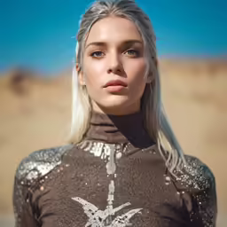 a woman with blond hair and an artistic shirt