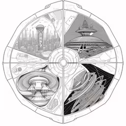 a circular diagram with three sections inside,a black and white drawing of various types of buildings