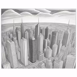 an aerial view of a city is shown,a drawing of a cityscape with tall buildings