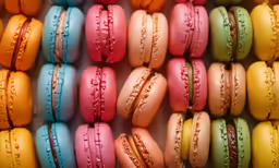 rainbow macarons with sprinkles lined up