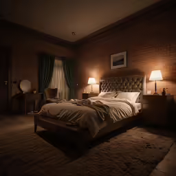 the bed has pillows and covers along with the lights on