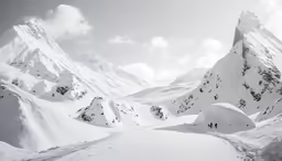 an image of snowy mountain scene with snowmobilers