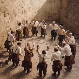 an aerial shot of men dancing in an old time setting