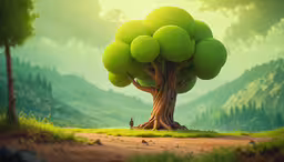 a green tree on top of a lush green hill,a painting of a tree that is very colorful