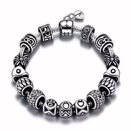 the beads and charms bracelet are made from silver with black, grey and white beads,the charm bracelet is made of silver with black and white charms