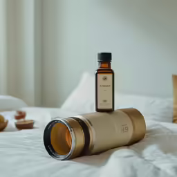 a bottle with a dropper next to it on a bed