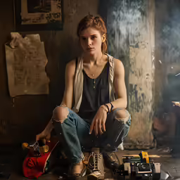 young girl sitting on the ground surrounded by her assorted equipment