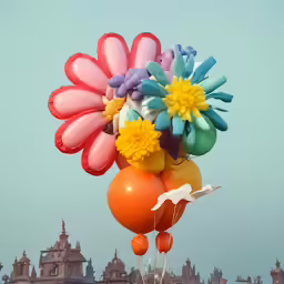 an assortment of balloons floating outside in the air