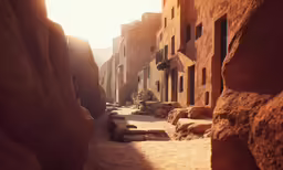 a view down the path to a small town, between two large boulders