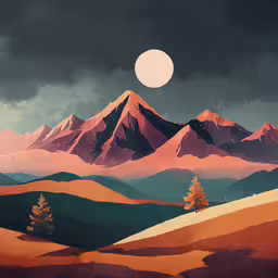 the illustration shows a mountain range with pink clouds, green trees and trees on the horizon,a painting of mountains at sunset with the moon in the sky