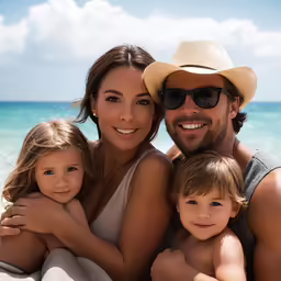 a couple, man and young child with their arms around each other while sitting at the beach