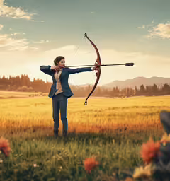 there is a woman aiming a bow at a flower field,a woman is aiming a bow at an arrow