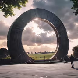 people walking through an odd shaped, large metal object