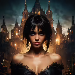 the painting depicts a gothic - looking girl in a dark city at night