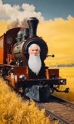 the man is on the train with his white beard,there is a man with white beard on a train