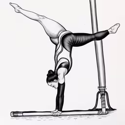 this is a drawing of a person on a pole,an ink drawing of a woman doing a gymnastics acrobatics