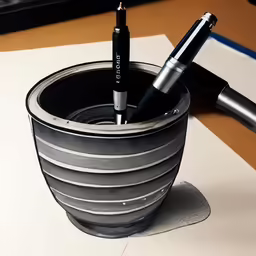 a pen that is in a cup on a table