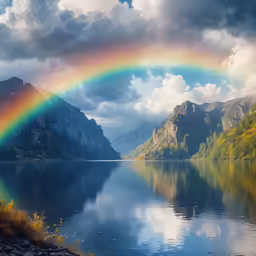 the rainbow over the mountains is reflecting in the water