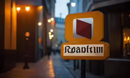 a sign is standing on a sidewalk in front of some street lights