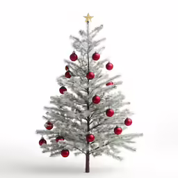 a white christmas tree with red ornaments