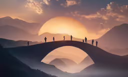 people standing on the edge of a large stone bridge