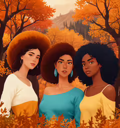 three young women standing in the forest surrounded by autumn leaves,three black women in the woods wearing different colors