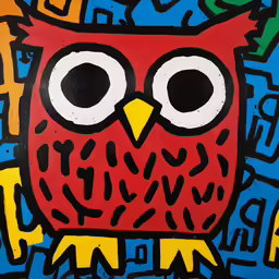 an owl painted on a brightly colored surface