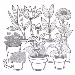 various types of flowers in different pots,the coloring book depicts flowers and plants in pots