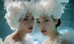 two young women with feathers around their faces