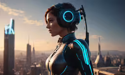 a woman wearing headphones stands in front of a city skyline,a futuristic woman wearing headphones and a futuristic suit