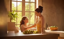 two women standing together in front of window, holding hands
