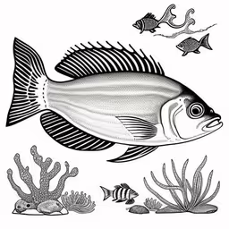 an image of an aquarium fish with plants,black and white drawing of fish on seaweed,a fish and seaweed on the ocean floor,an ink drawing of a fish by an aquarium,fish and seaweed are shown in this image