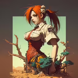 anime woman posing on top of a hill in desert